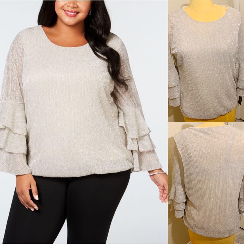 Alfani Metallic Tiered Sleeve Bubble Top Plus 1X